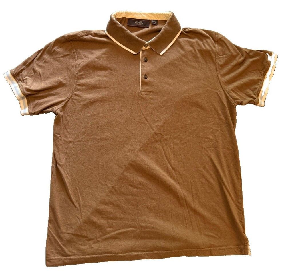 Tasso Elba Polo Shirt Mens XL Brown Cotton Linen S/S Striped Trim Fitted